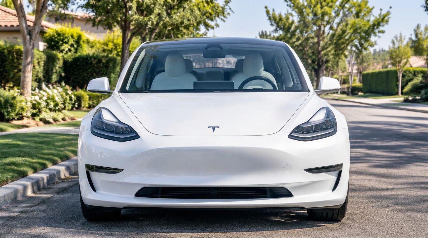 Gleaming white Tesla after a full valet